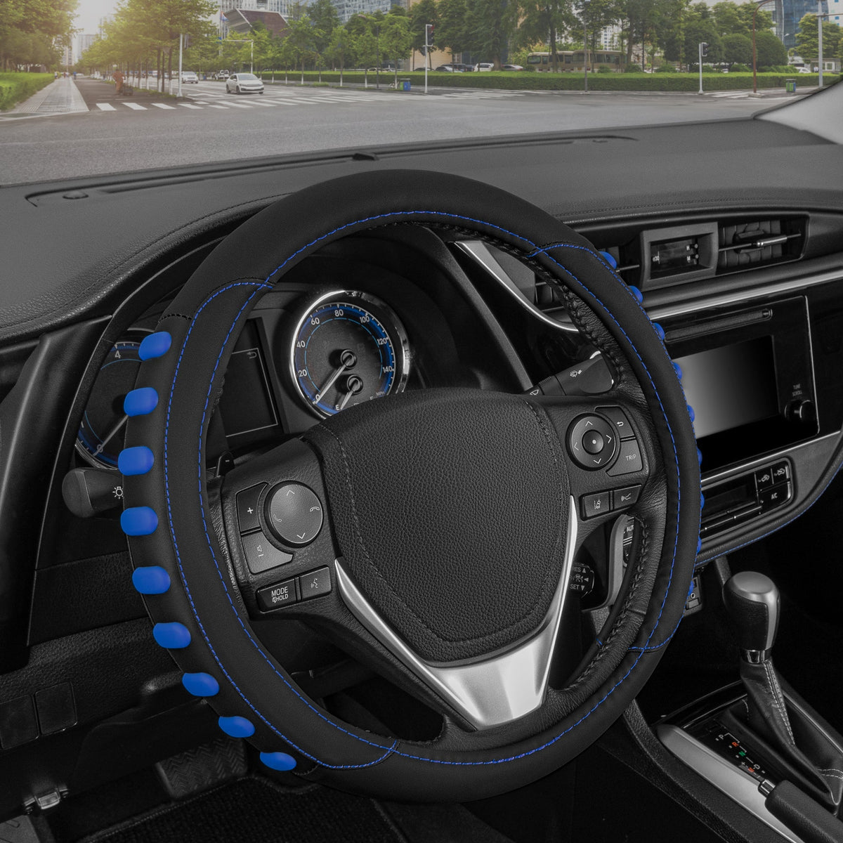 MotorTrend FlexGrip Steering Wheel Cover with Raised Bump Grips (Fits 14.5" - 15.5") - Blue