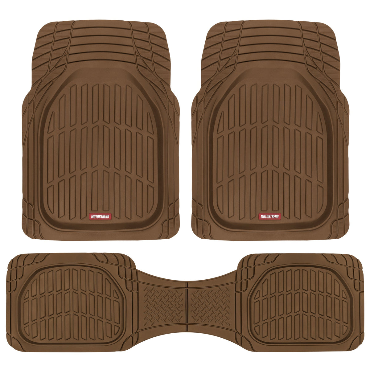 MotorTrend 3-Piece FlexTough Deep Dish Front Floor Mats and Rear Floor Mat - Heavy Duty, All Weather, Trim to Fit - Brown