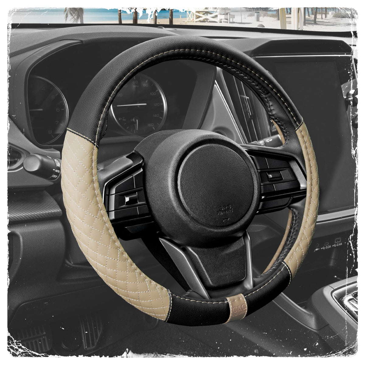 C&C California Car Steering Wheel Cover Beige Diamond Quilt, Non Slip Leather Steering Wheel Cover for Women Men, Cute Comfortable Soft Easy Installation Universal Fit (Fits 14.5"-15.5" Inches)