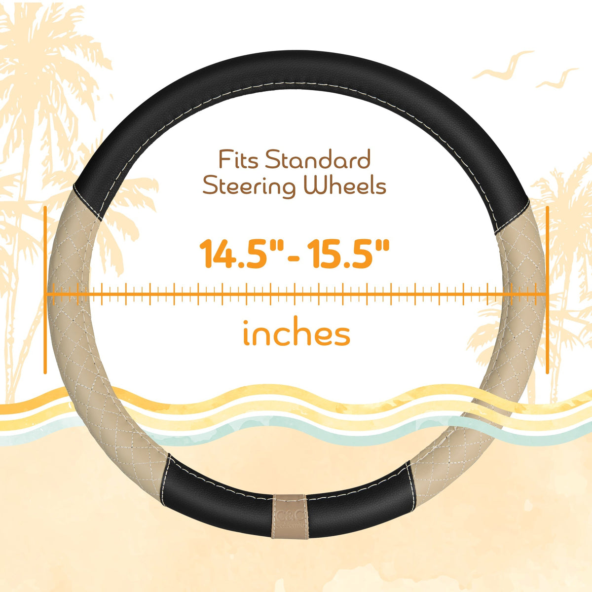 C&C California Car Steering Wheel Cover Beige Diamond Quilt, Non Slip Leather Steering Wheel Cover for Women Men, Cute Comfortable Soft Easy Installation Universal Fit (Fits 14.5"-15.5" Inches)