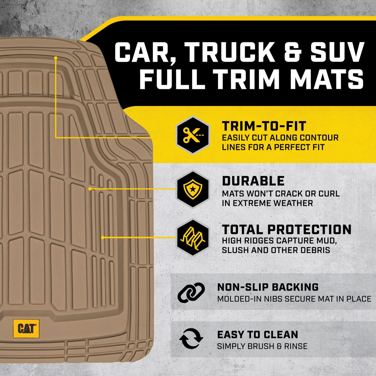 CAT 3-Piece ToughRide Rubber Front Floor Mats and Rear Floor Mats - Heavy Duty, All Weather, Trim to Fit