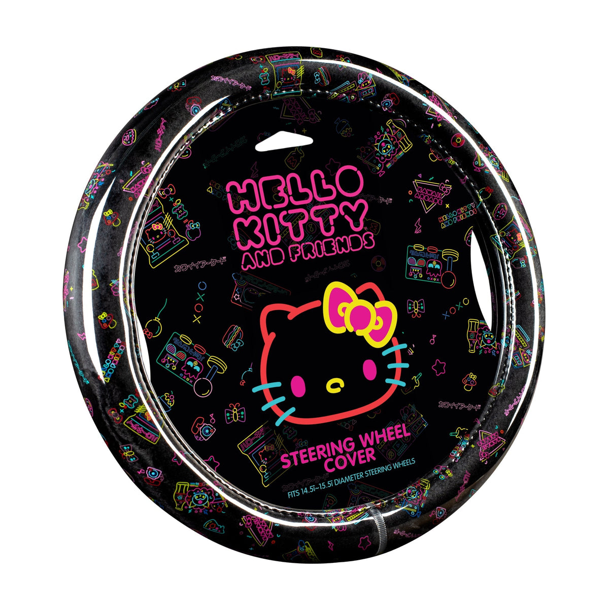 Hello Kitty Steering Wheel Cover, Official Sanrio Car Steering Wheel Cover with Universal Size 14.5 - 15.5, Cute Black Steering Wheel Cover for Women, Hello Kitty Car Accessories (Hello Kitty Kawaii Arcade)