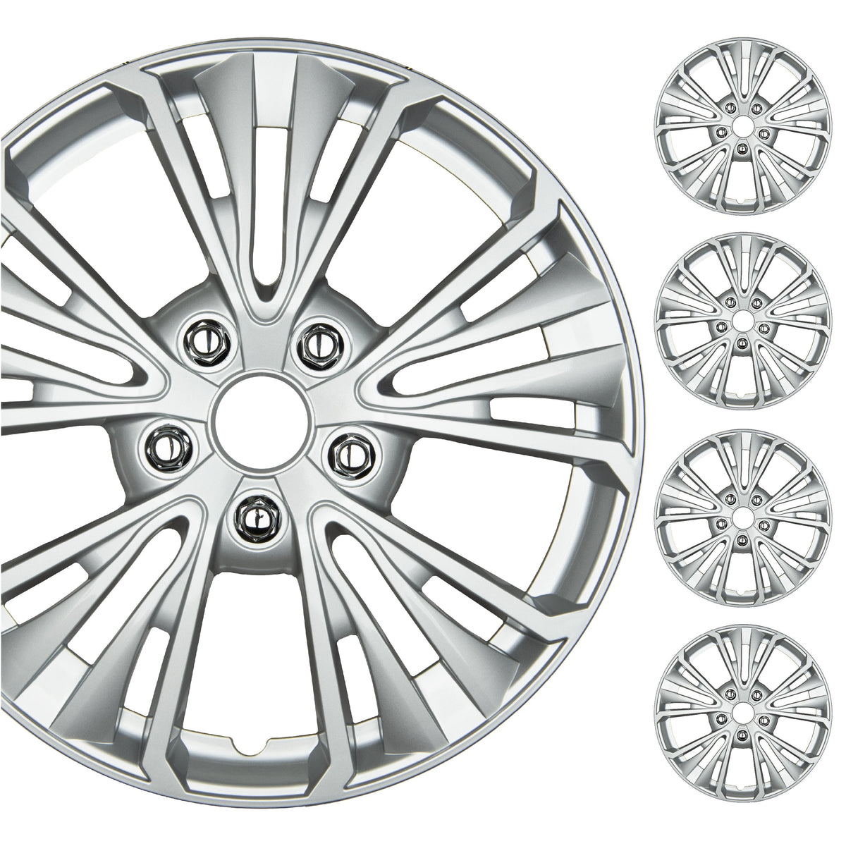 BDK 16 Inch Hubcaps Set of 4 – OEM Replacement Snap-On Wheel Rim Covers - Universal Fit Car Wheel Cover for Cars, Trucks, SUV, Vans Durable ABS 5-Spoke Silver Hub-Cap Car Accessories Exterior