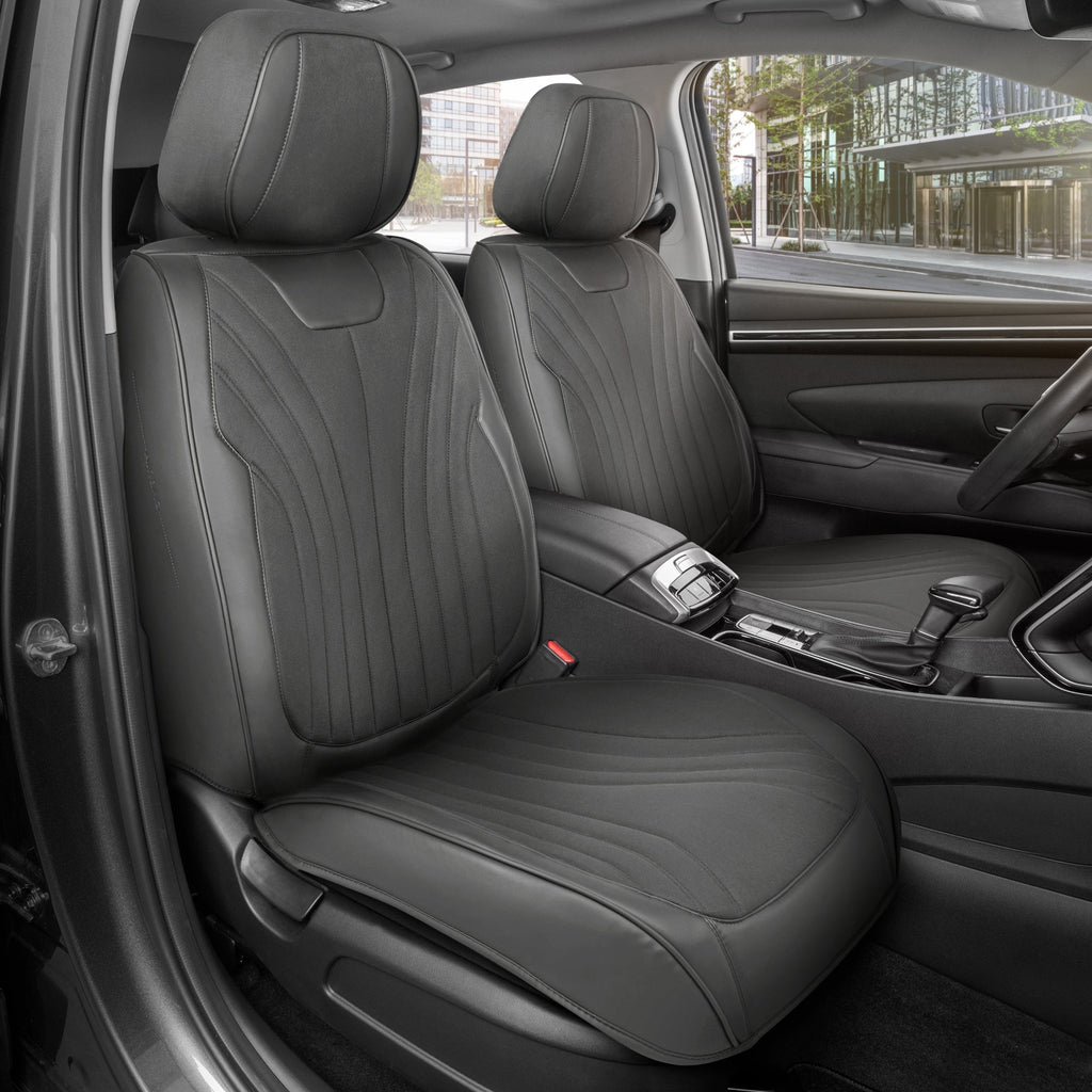 MotorBox Elite Edition Faux Leather & Suede Seat Covers for Cars, Trucks, & SUV - 2 Charcoal Car Seat Covers for Front Seats - Universal Fit Car Accessories Automotive Interior Protector for Cars
