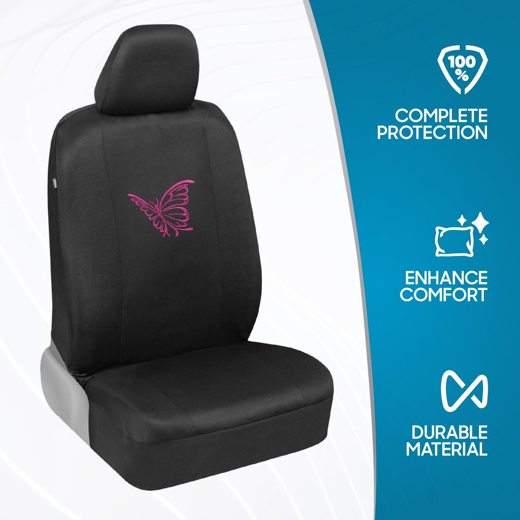 BDK 12-Piece Butterfly Front Seat Covers, Rear Seat Covers, Seat Belt Pads, and Steering Wheel Cover (Fits 14.5" - 15.5")