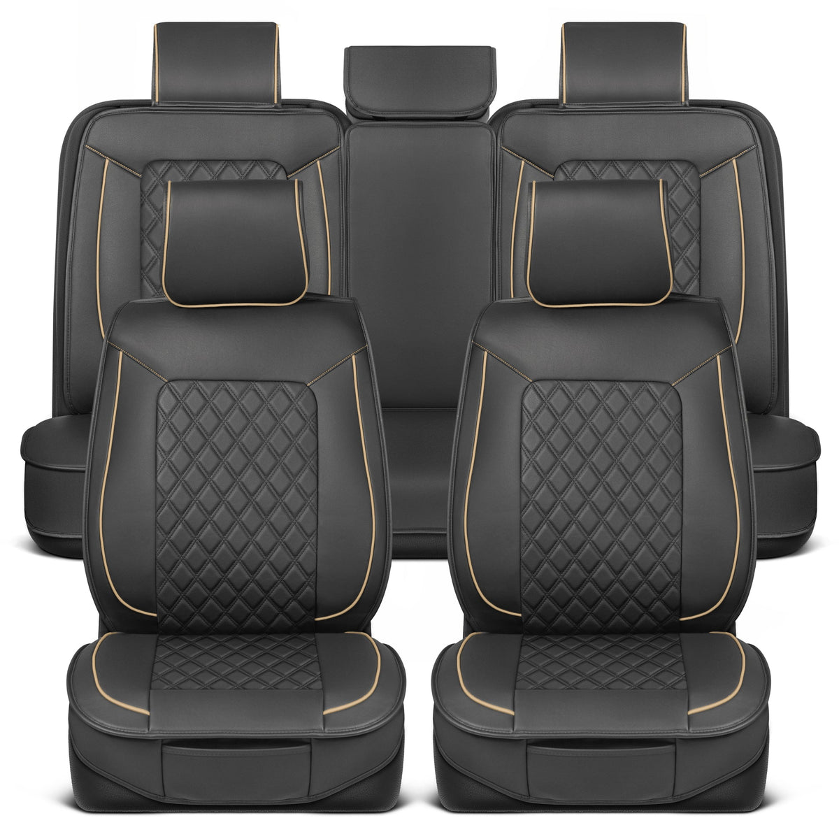 MotorBox 11-Piece Prestige Edition Premium Faux Leather Diamond Stitched Cushion Front Seat Covers and Rear Seat Covers - Beige