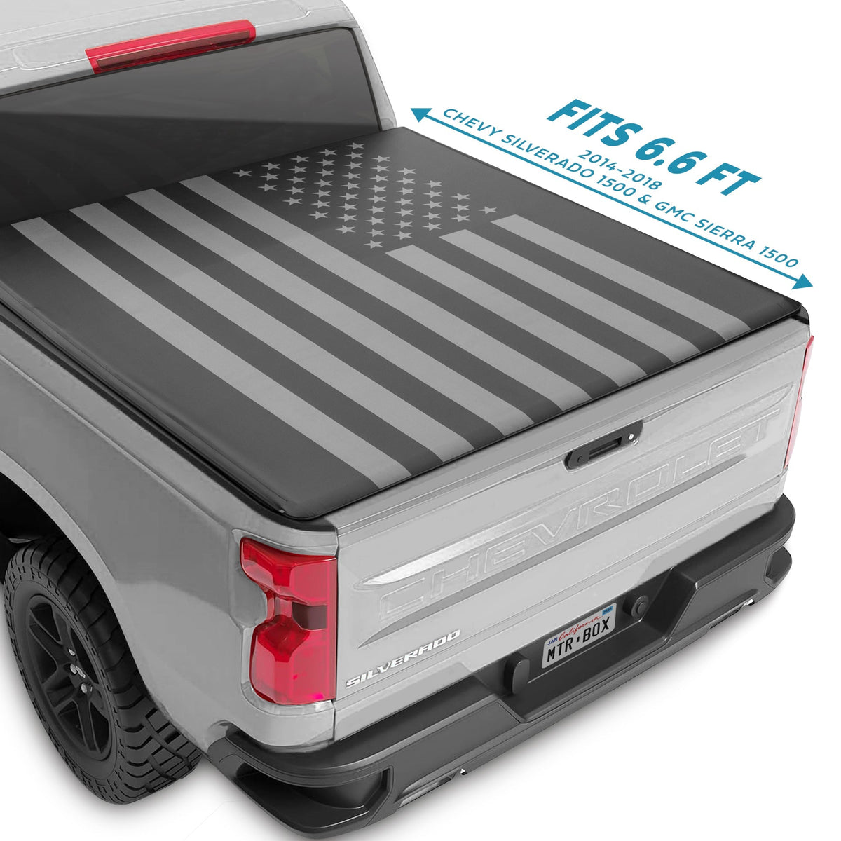 MotorBox Tri-Fold Truck Tonneau Cover for Chevy Silverado 2500HD 3500HD / GMC Sierra 2500HD 3500HD (2014-2018) with 6.6 ft Bed Length, All-Weather Soft Folding Truck Bed Cover with Black Flag Graphic