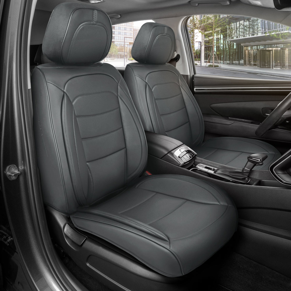 MotorBox Elite Edition Faux Leather Seat Covers for Cars, Trucks, & SUV - 2 Charcoal Car Seat Covers for Front Seats - Universal Fit Car Accessories Automotive Interior Protector for Most Vehicles