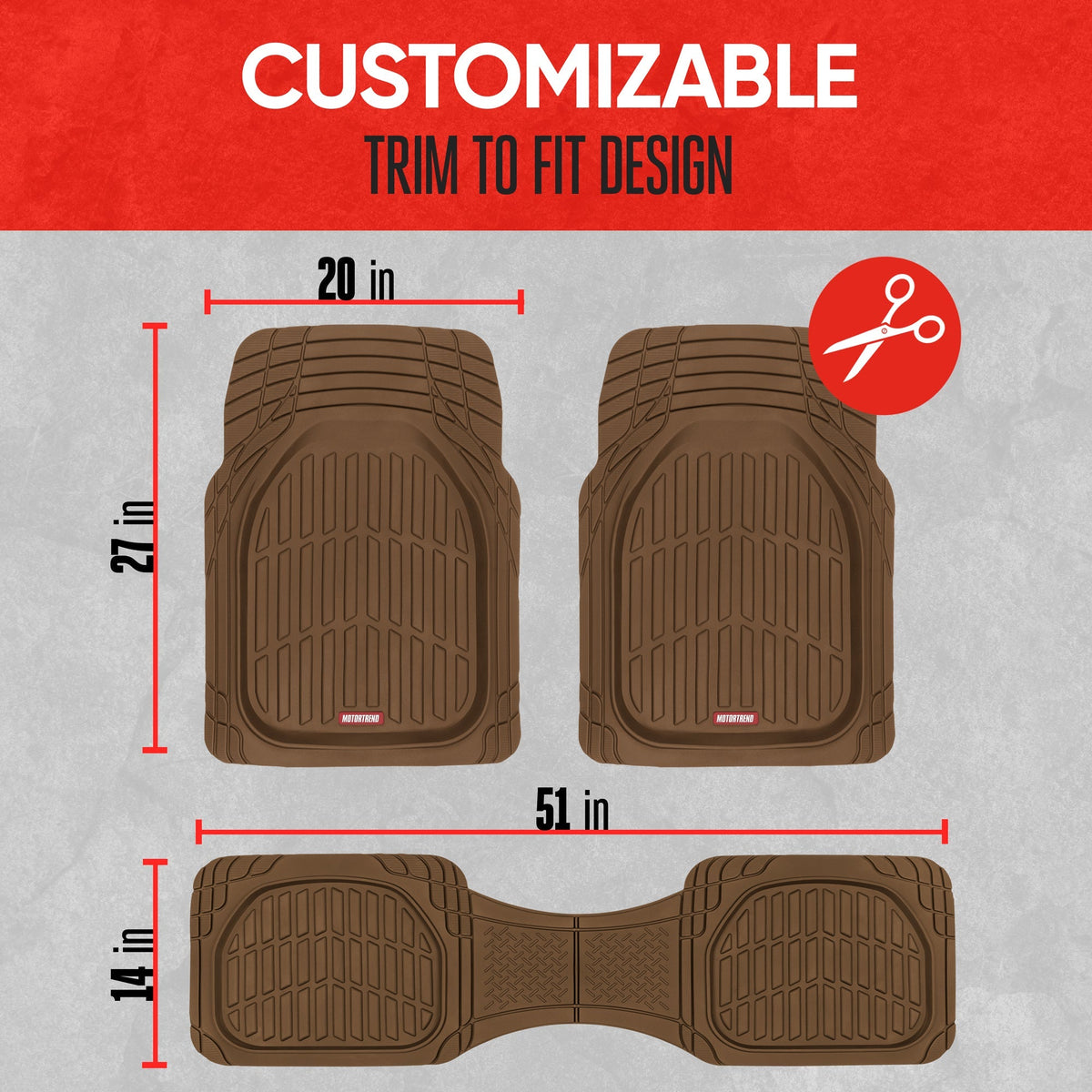 MotorTrend 3-Piece FlexTough Deep Dish Front Floor Mats and Rear Floor Mat - Heavy Duty, All Weather, Trim to Fit