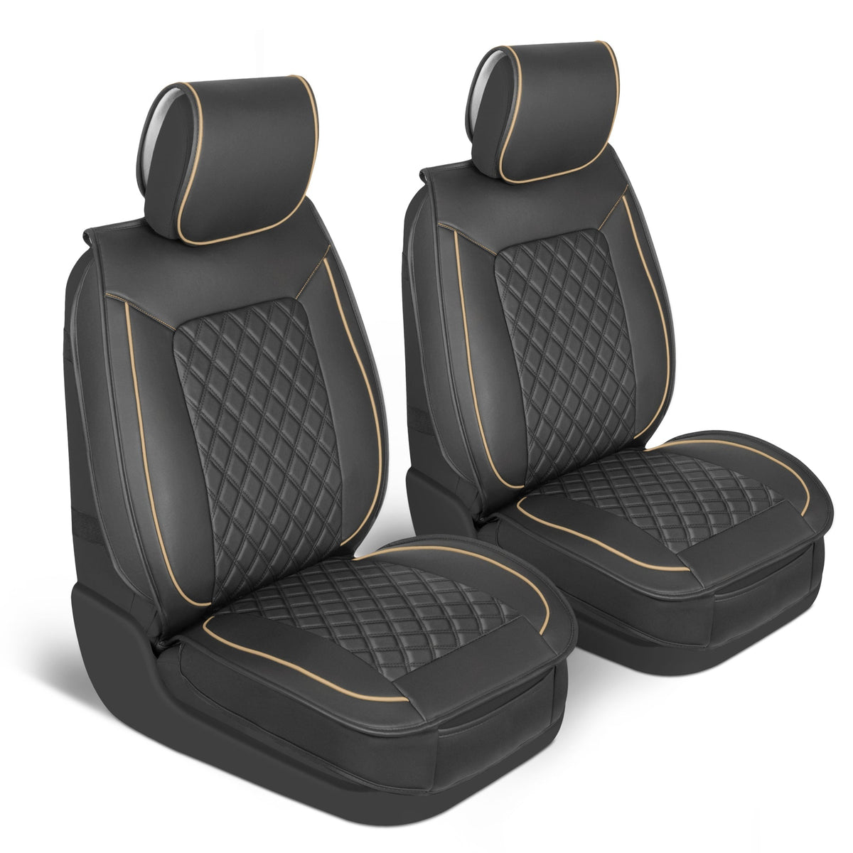 MotorBox 2-Pack Prestige Edition Premium Faux Leather Diamond Stitched Cushion Front Seat Covers - Beige