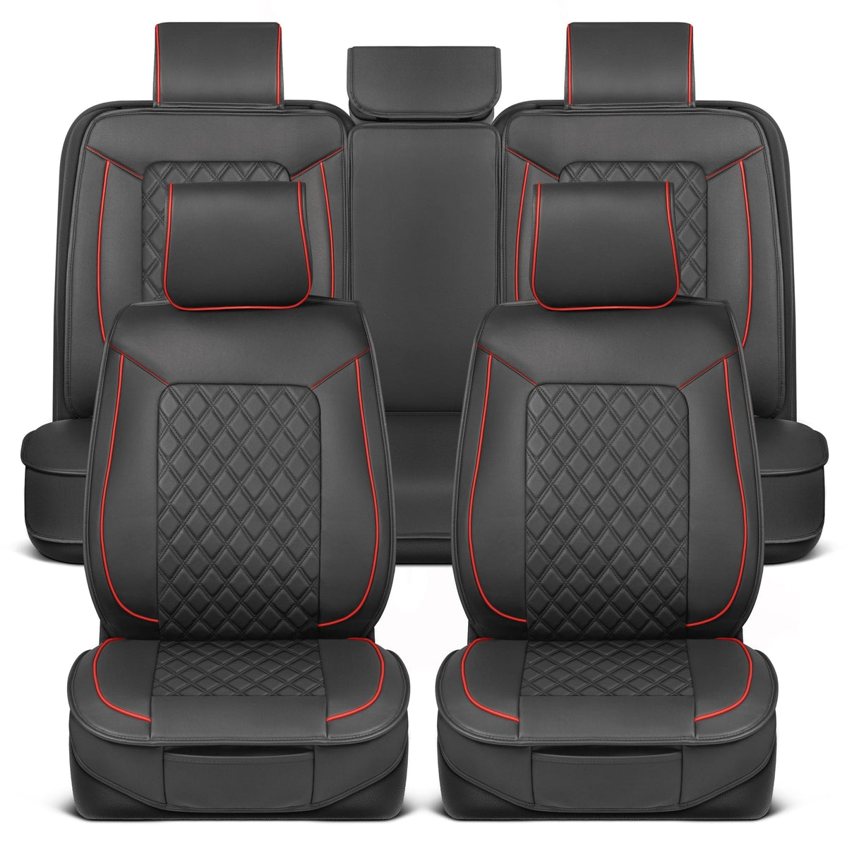 MotorBox 11-Piece Prestige Edition Premium Faux Leather Diamond Stitched Cushion Front Seat Covers and Rear Seat Covers - Red
