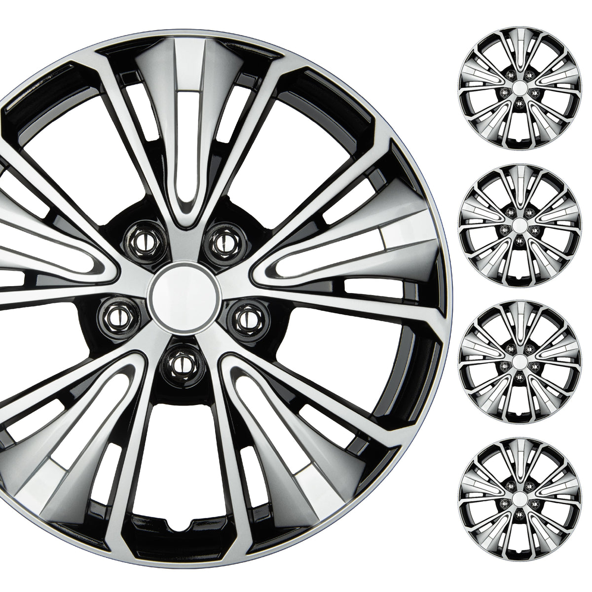 BDK 16 Inch Hubcaps Set of 4 - OEM Replacement Snap-On Wheel Rim Covers - Universal Fit Car Wheel Cover for Cars, Trucks, SUV, Vans Durable ABS Black & Silver 5-Spoke Hub-Cap Car Accessories Exterior