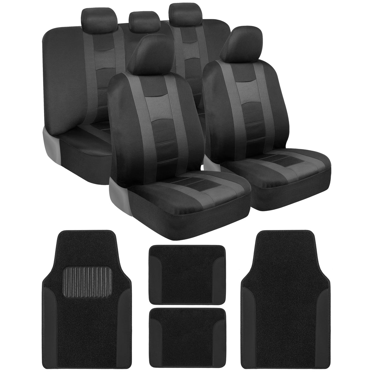 BDK 13-Piece Forza Series Front Seat Covers, Rear Seat Covers, Front Floor Mats, and Rear Floor Mats - Charcoal