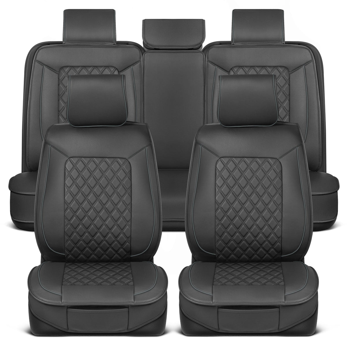MotorBox 11-Piece Prestige Edition Premium Faux Leather Diamond Stitched Cushion Front Seat Covers and Rear Seat Covers - Charcoal