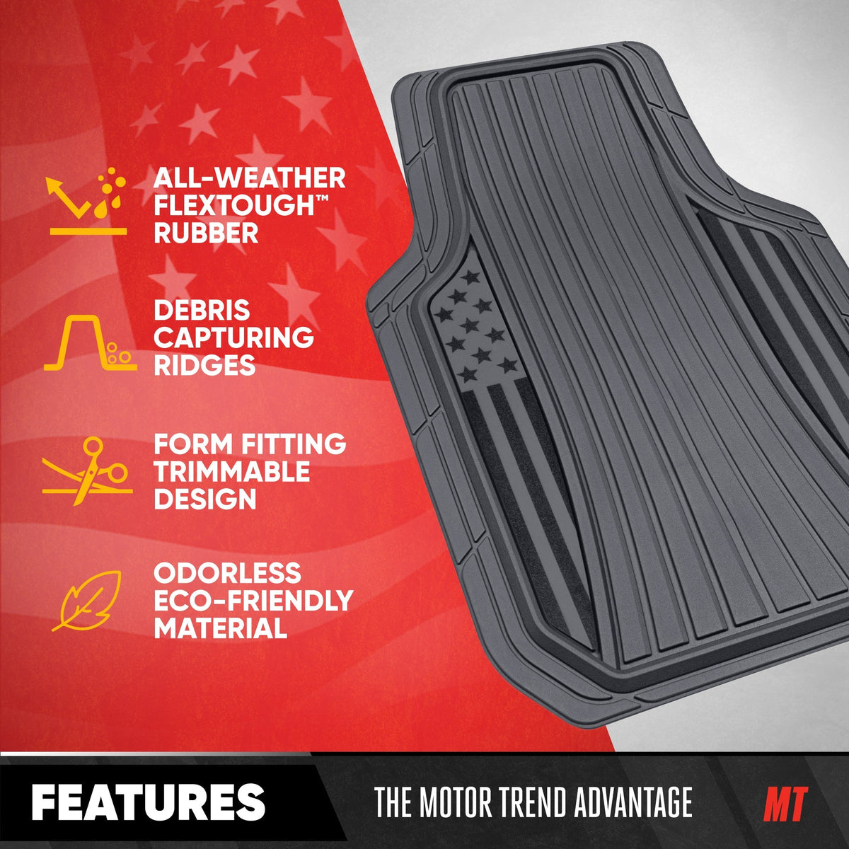 Clone from Motor Trend Flag Car Floor Mats Full Set - Durable Gray Rubber Floor Mats for Cars with Two Tone Accent, All Weather Interior Protection for Front and Rear with Non-Slip Backing, Gray - Flag Gray