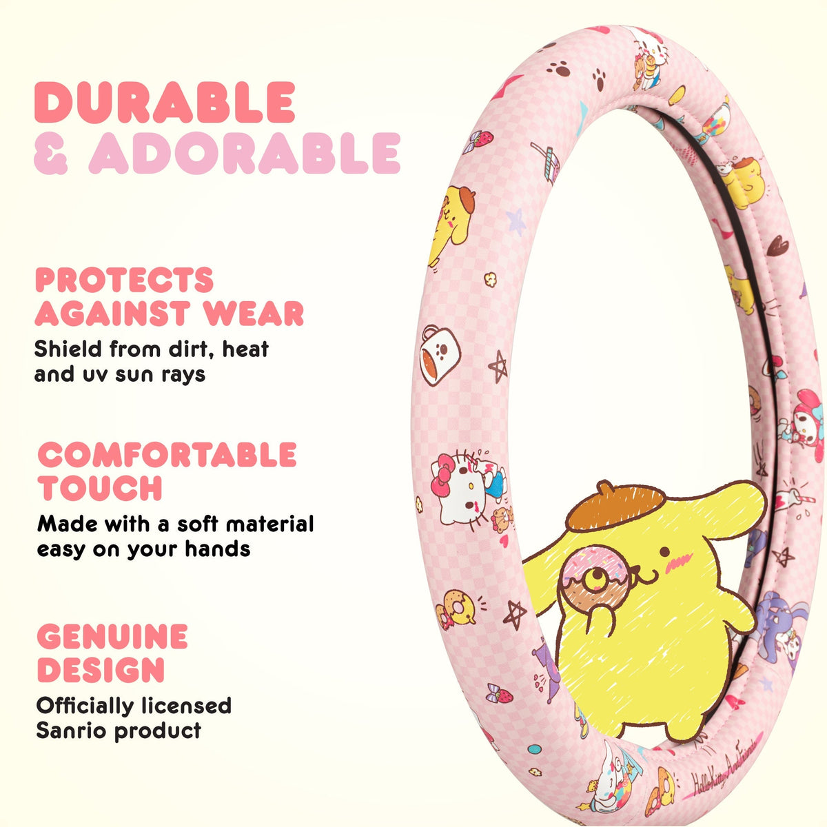 Hello Kitty and Friends Steering Wheel Cover, Universal Fit Cute Accessories for Women, Stylish Decor Gift Hello Accessories - Fits Standard Wheels 14.5"-15"