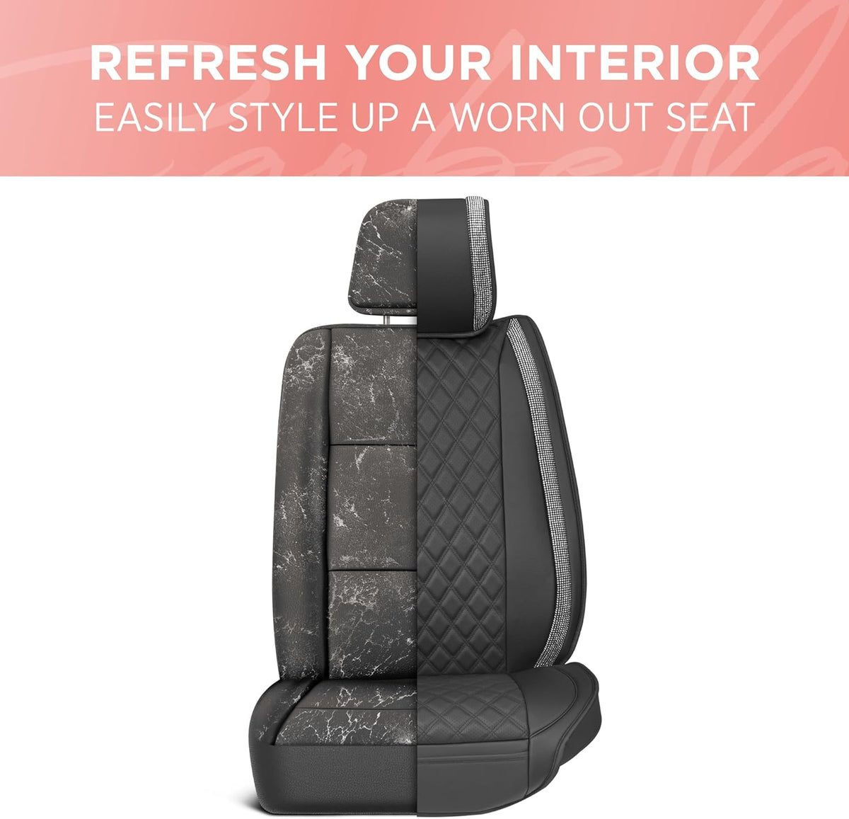 BlingStitch™ Car Seat Covers for Front Seats - Luxurious Vegan Leather Seat Covers for Cars with Black Bling Crystals, Premium Automotive Seat Covers for SUV, Trucks, Car Bling Luxury