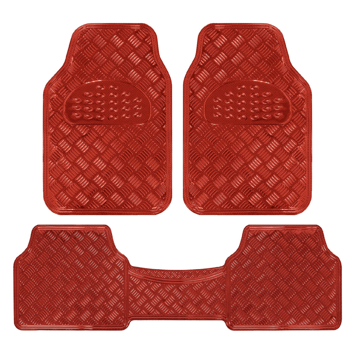 BDK 3-Piece Translucent Metallic-Look Front Floor Mat and Rear Floor Mat - Heavy Duty, All Weather - Red