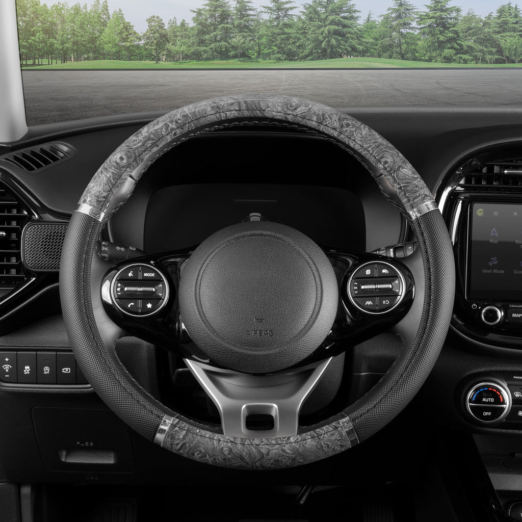 BDK Two-Tone Chrome Wood Grain Steering Wheel Cover (Fits 14.5" - 15.5")