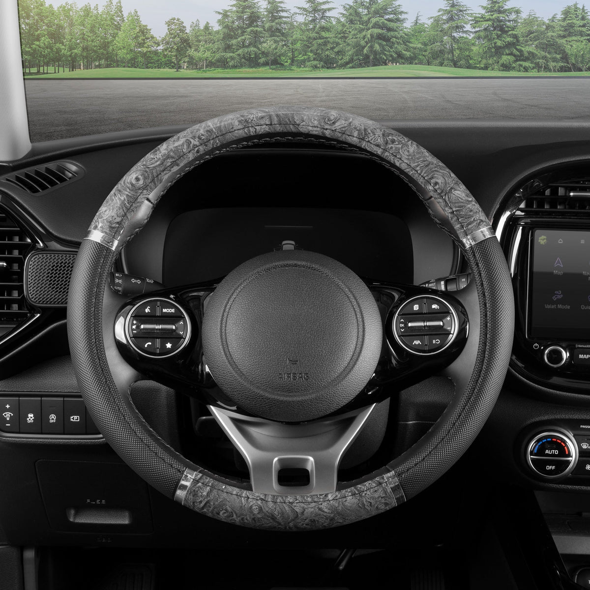 BDK Two-Tone Chrome Wood Grain Steering Wheel Cover (Fits 14.5" - 15.5")