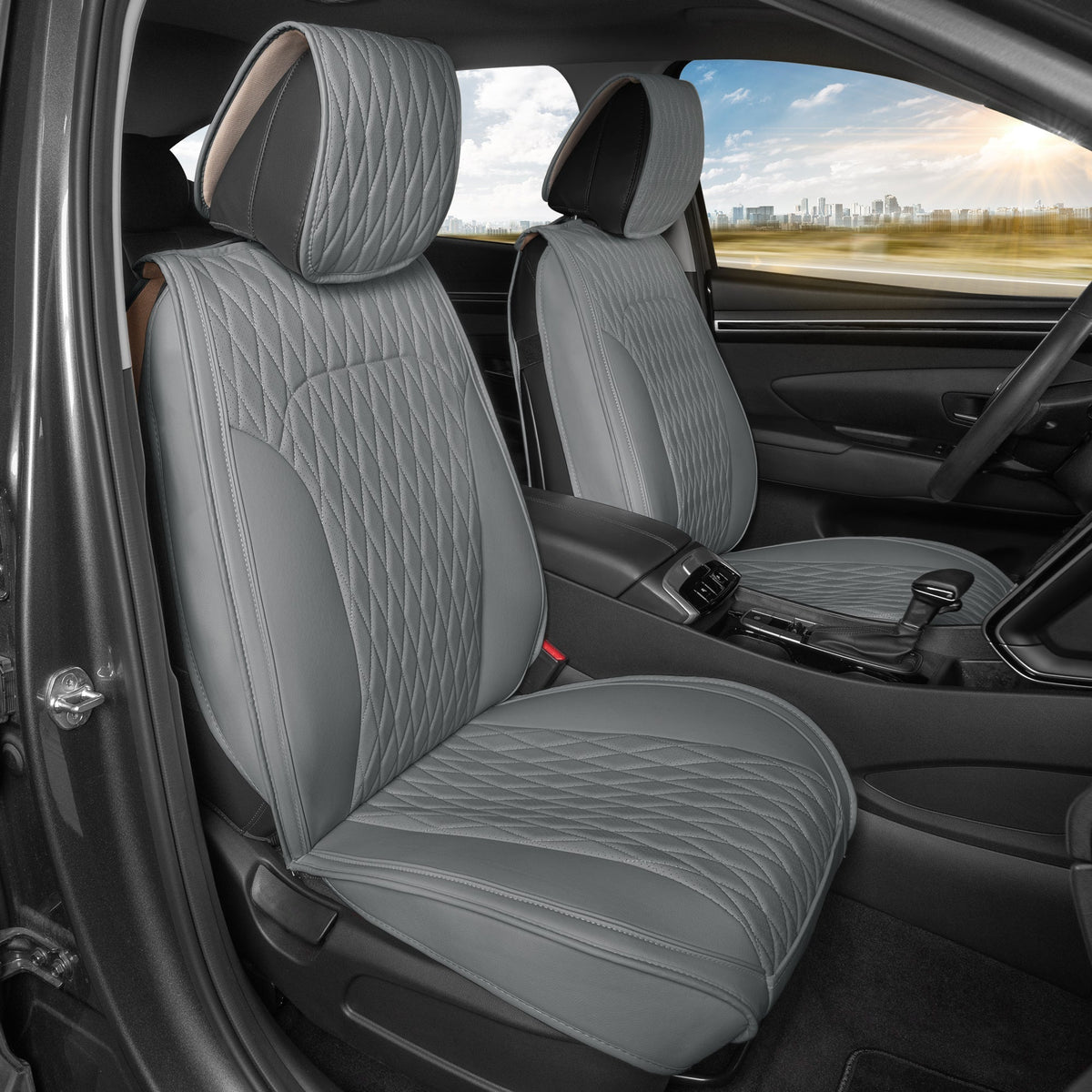 Car Seat Covers - DiamondLux Edition Premium Faux Leather Seat Protectors - Double Cross Stitched Cushioned Automotive Accessories for Trucks, SUVs, Cars - Front Seat Set