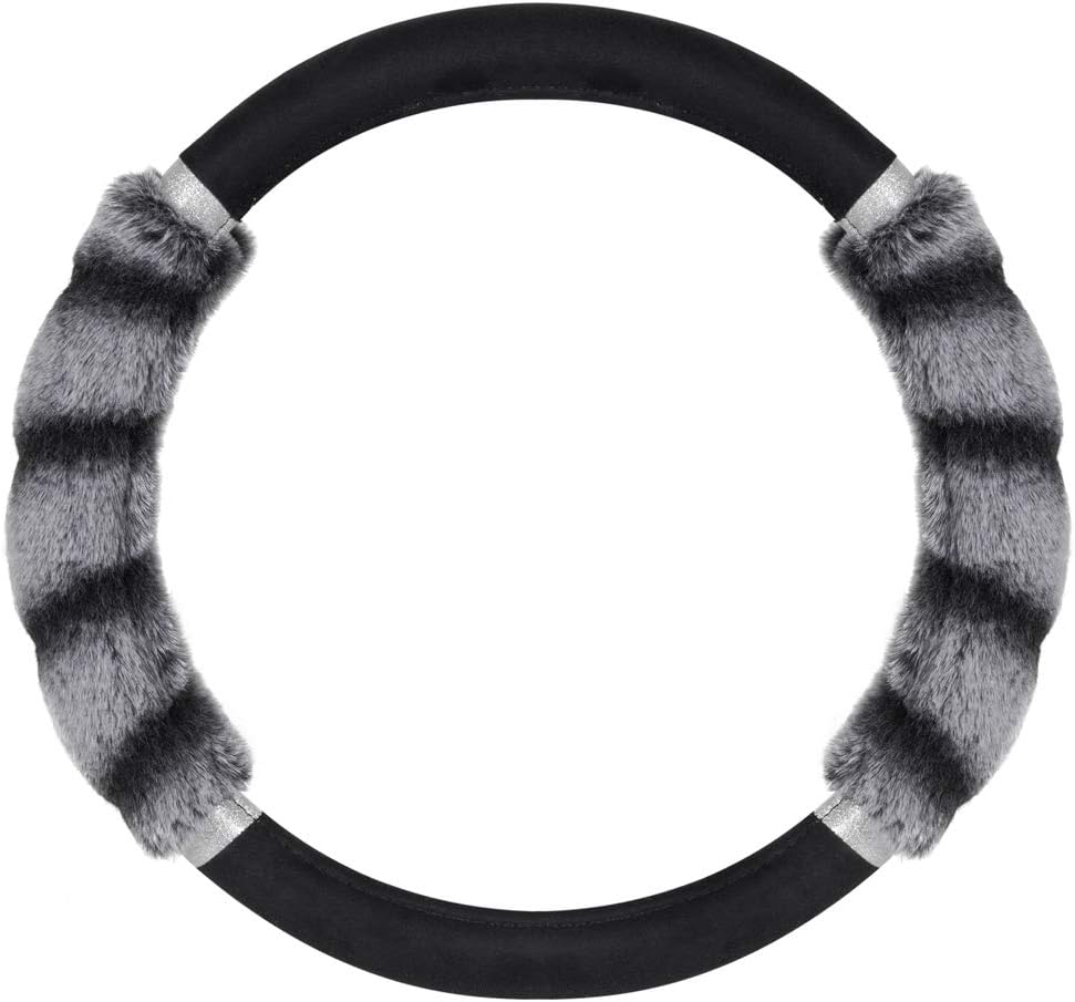 BDK Plush Fur Steering Wheel Cover (Fits 14.5" - 15.5") - Gray with Glitter Grip