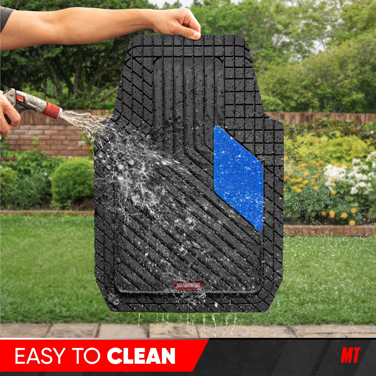 Motor Trend MetallicGuard Car Floor Mats Full Set - Durable Rubber Floor Mats with Blue Metallic Heel Pad, All-Weather Interior Protection for Front and Rear with Non-Slip Backing