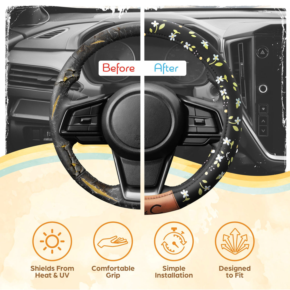 C&C California Car Steering Wheel Cover Floral Daisy Flowers, Non Slip Black Leather Steering Wheel Cover for Women Men, Cute Comfortable Soft Easy Installation Universal Fit (Fits 14.5"-15.5" Inches)