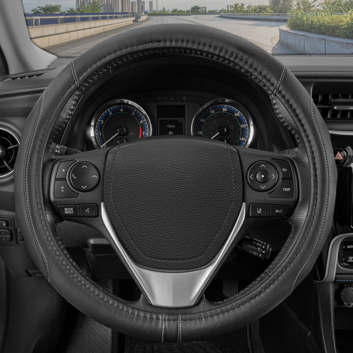 MotorTrend GripDrive Accent Stitched Ergonomic Grip Steering Wheel Cover (Fits 14.5" - 15.5") - Gray/Black