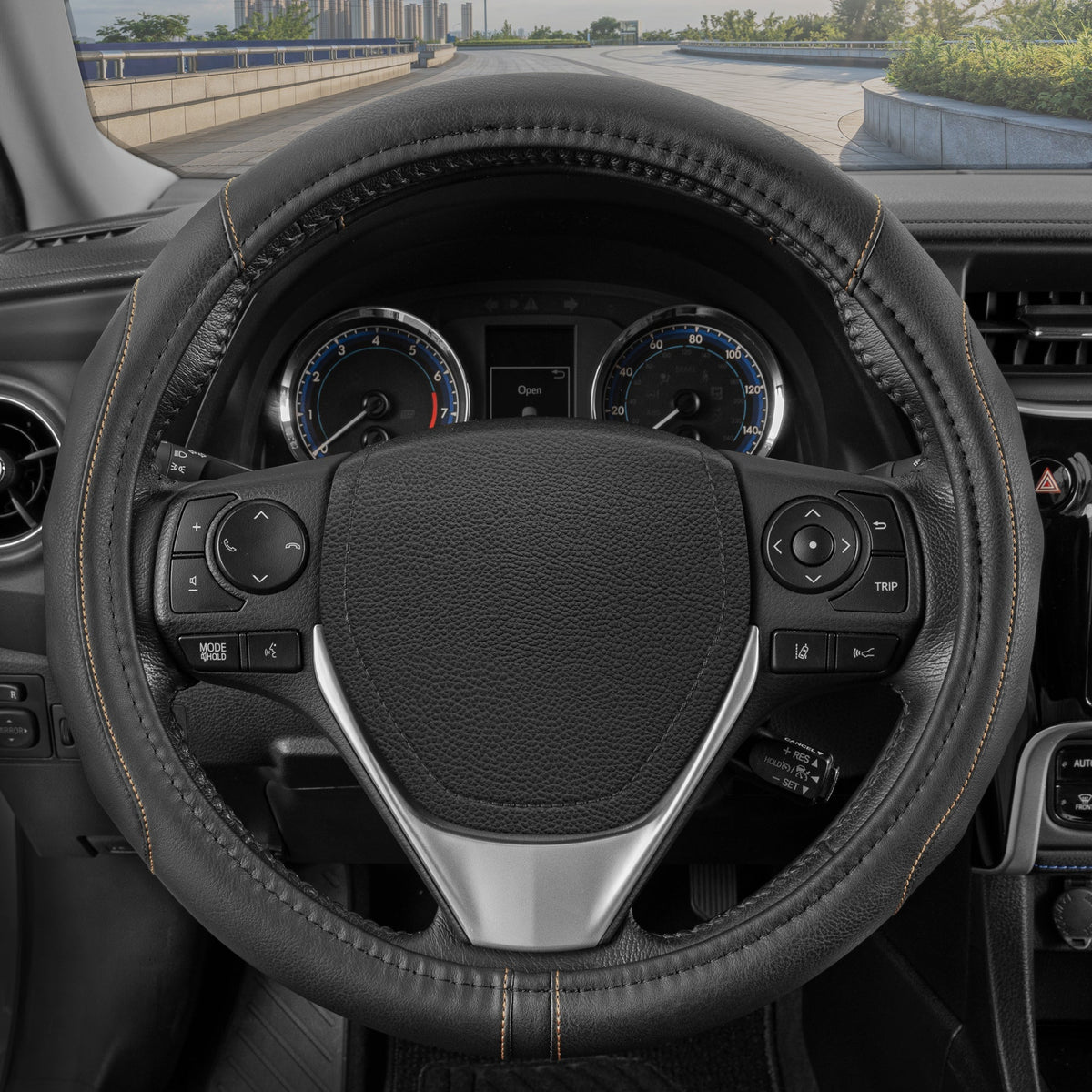 MotorTrend GripDrive Accent Stitched Ergonomic Grip Steering Wheel Cover (Fits 14.5" - 15.5") - Beige