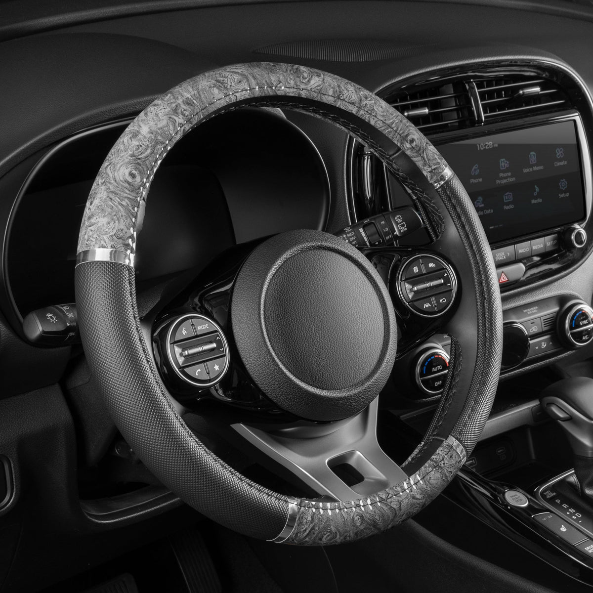 BDK Two-Tone Chrome Wood Grain Steering Wheel Cover (Fits 14.5" - 15.5") - Black/Gray