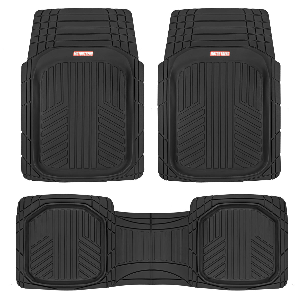 MotorTrend 3-Piece FlexTough Plus Deep Dish Line Grooves Front Floor Mats and Rear Floor Mat - Heavy Duty, All Weather, Trim to Fit - Black
