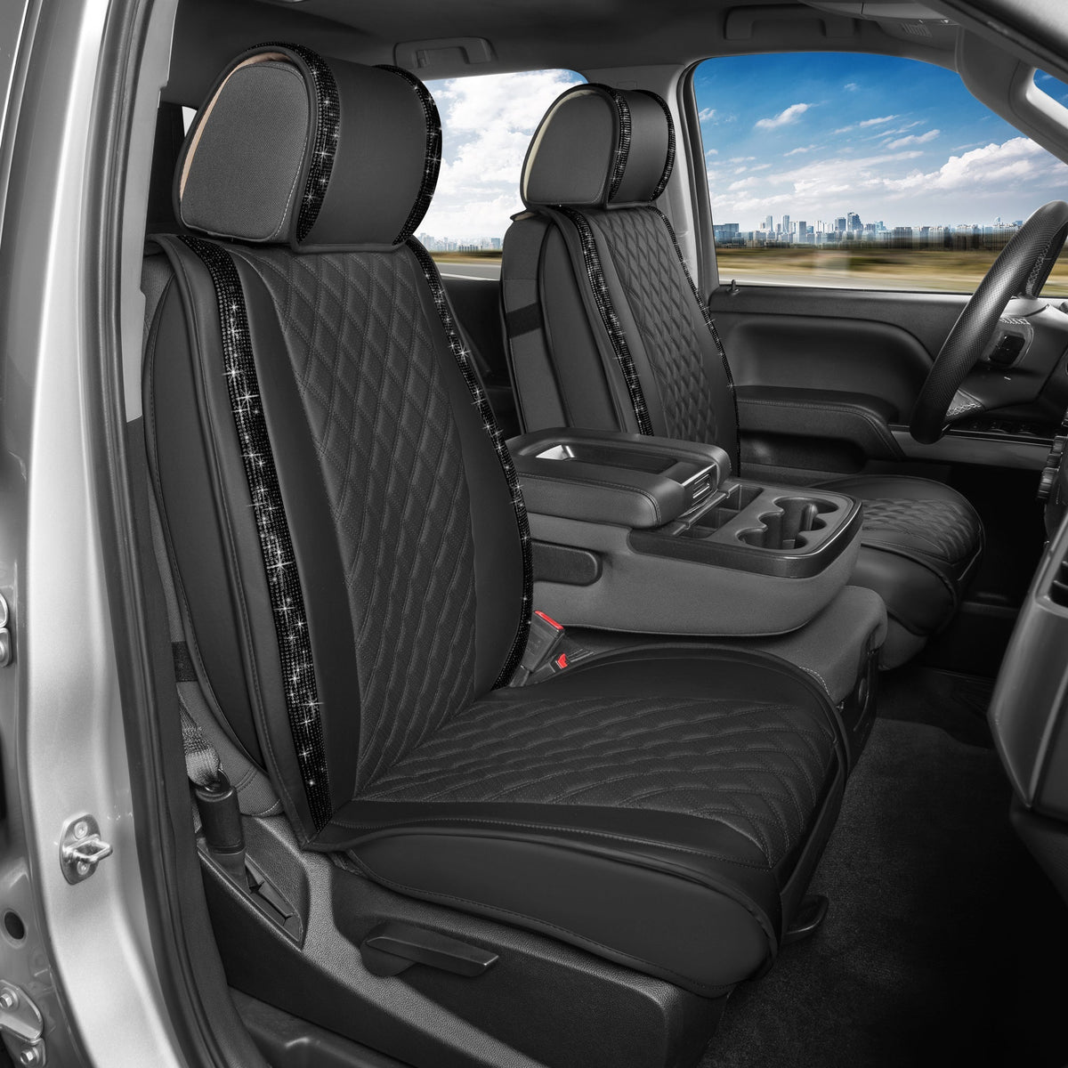 BlingStitch™ Car Seat Covers for Front Seats - Luxurious Vegan Leather Seat Covers for Cars with Black Bling Crystals, Premium Automotive Seat Covers for SUV, Trucks, Car Bling Luxury