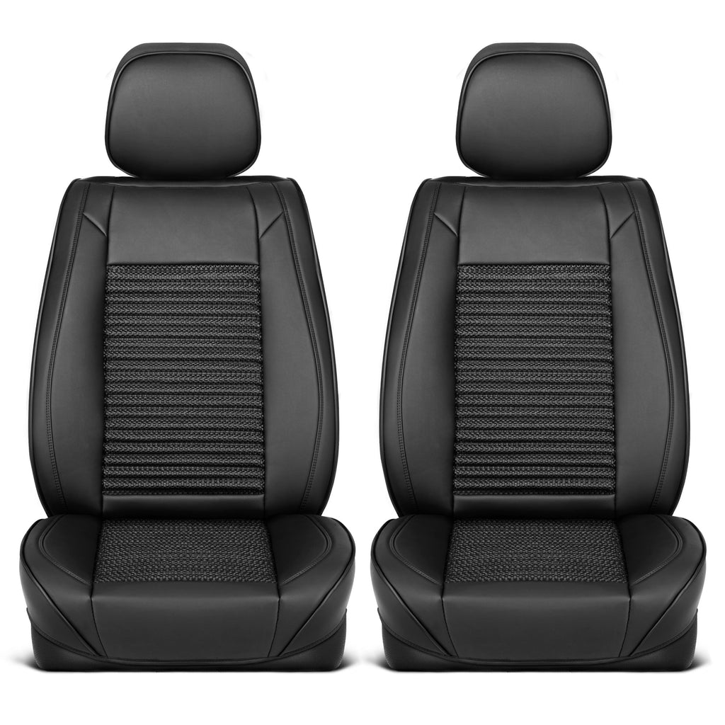 MotorBox Elite Edition Faux Leather & All Weather Wicker Seat Covers for Cars, Trucks, & SUV - 2 Black Car Seat Covers for Front Seats - Universal Fit Car Accessories Automotive Interior Protector