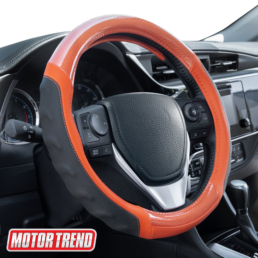 MotorTrend UltraSport Carbon Fiber Ergonomic Grip Steering Wheel Cover (Fits 14.5" - 15.5") - Orange
