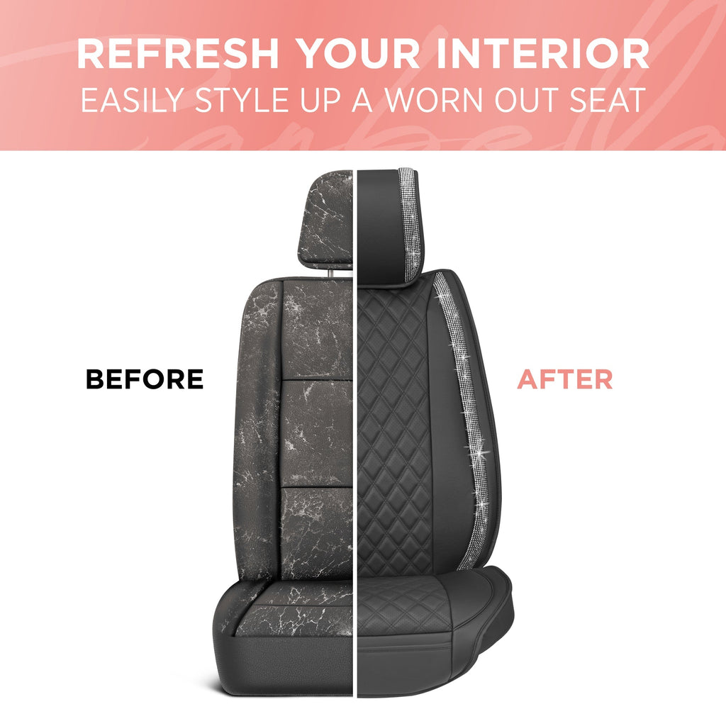 BlingStitch™ Car Seat Covers for Front Seats - Luxurious Vegan Leather Seat Covers for Cars with Black Bling Crystals, Premium Automotive Seat Covers for SUV, Trucks, Car Bling Luxury