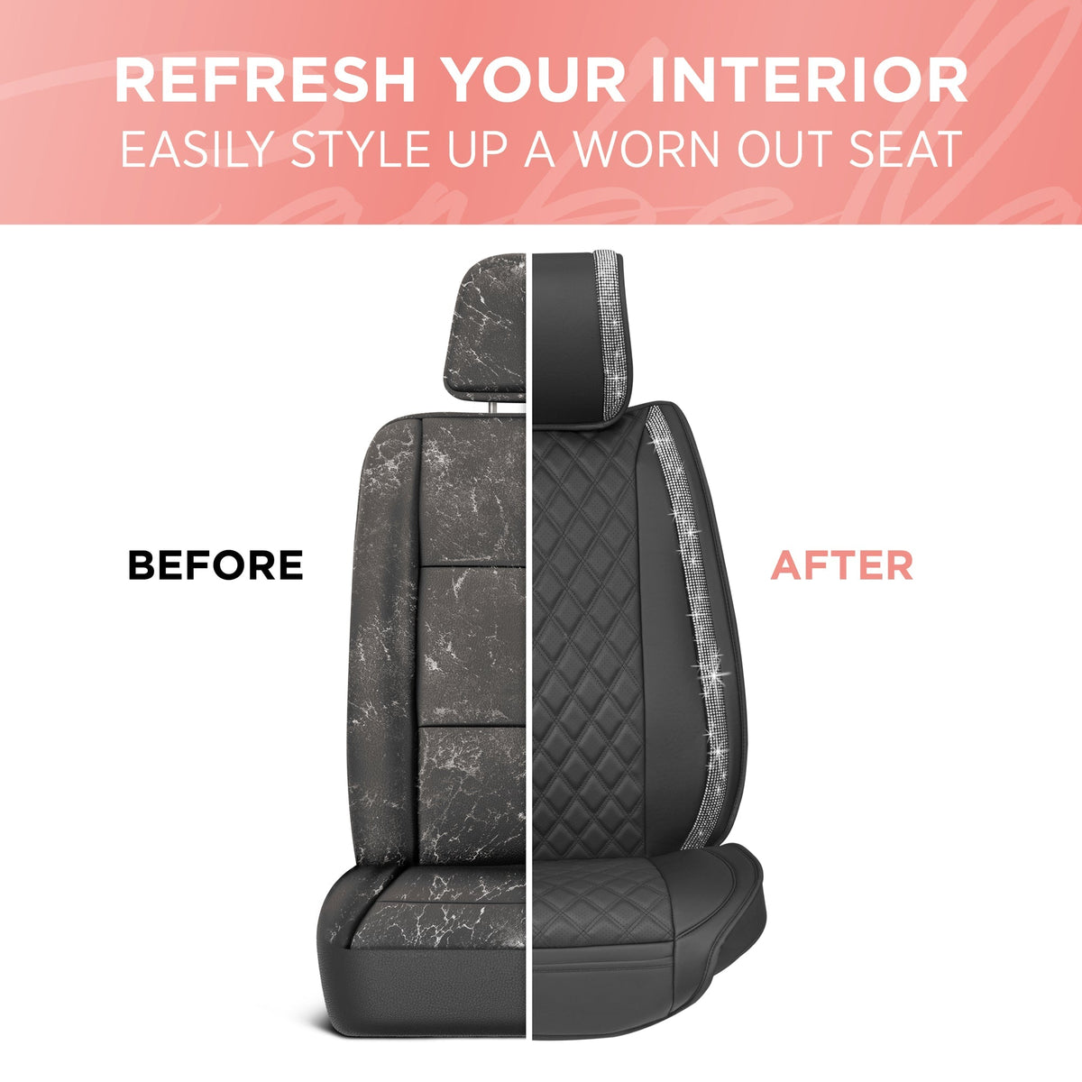 BlingStitch™ Car Seat Covers for Front Seats - Luxurious Vegan Leather Seat Covers for Cars with Black Bling Crystals, Premium Automotive Seat Covers for SUV, Trucks, Car Bling Luxury