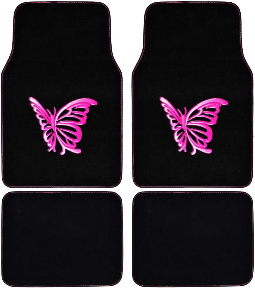BDK Design Patch Carpet Front Floor Mats and Rear Floor Mats - Pink Butterflies