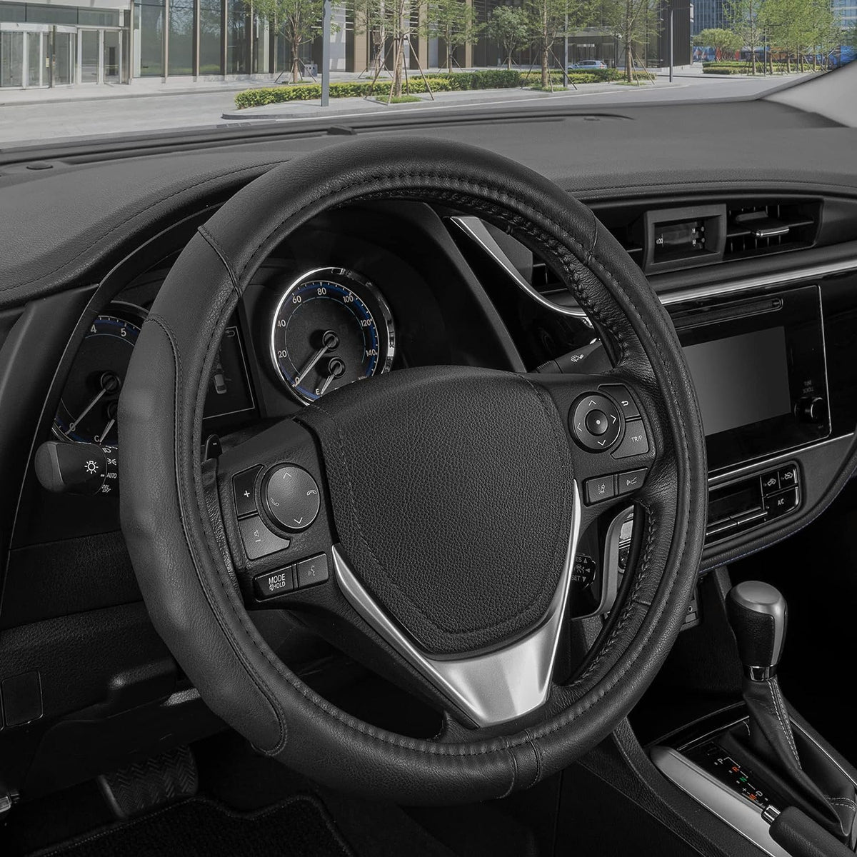 MotorTrend GripDrive Accent Stitched Ergonomic Grip Steering Wheel Cover (13.5" - 14.5") - Black/Black