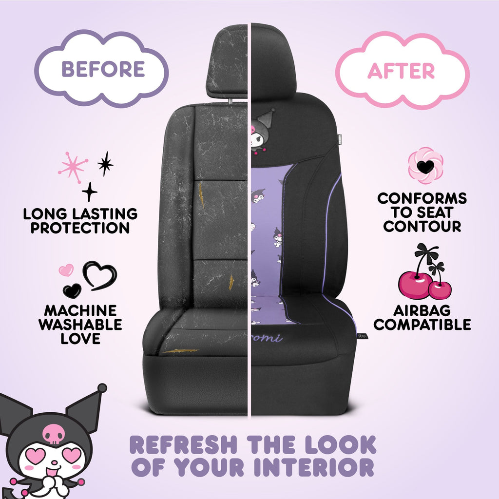 Hello Kitty Kuromi Car Seat Covers - Cute Black and Purple Front Seat Covers with Lavender Accents, Durable and Comfortable Polyester, Car Accessories Hello Kitty Accessories 2pc