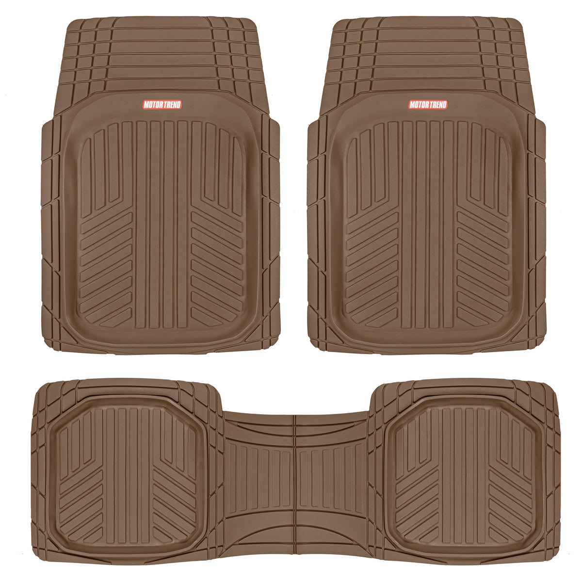 MotorTrend 3-Piece FlexTough Plus Deep Dish Line Grooves Front Floor Mats and Rear Floor Mat - Heavy Duty, All Weather, Trim to Fit - Brown