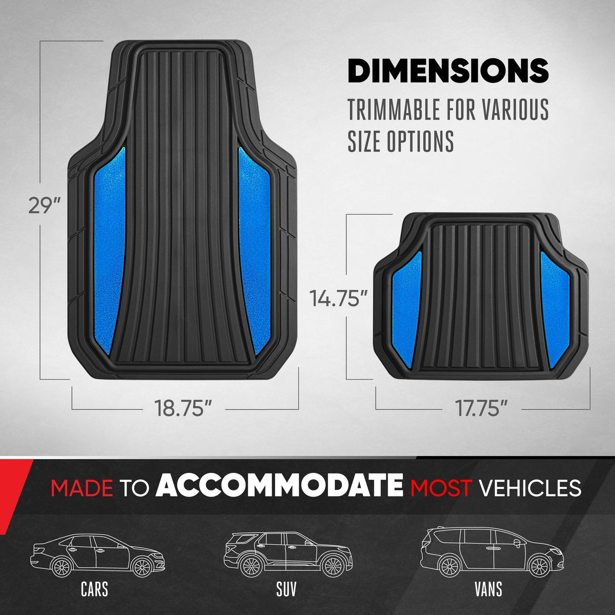Motor Trend ChromeTech Car Floor Mats Full Set - Durable Rubber Floor Mats for Cars with Two Tone Accent, All Weather Interior Protection for Front and Rear with Non-Slip Backing, Black/Blue