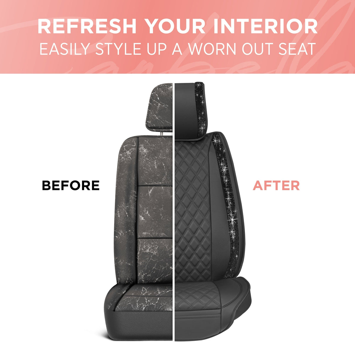 BlingStitch™ Car Seat Covers for Front Seats - Luxurious Vegan Leather Seat Covers for Cars with Black Bling Crystals, Premium Automotive Seat Covers for SUV, Trucks, Car Bling Luxury