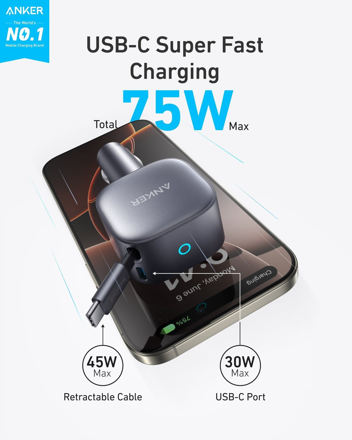 Anker Nano 75W Car Charger with Retractable USB-C Cable - image 2