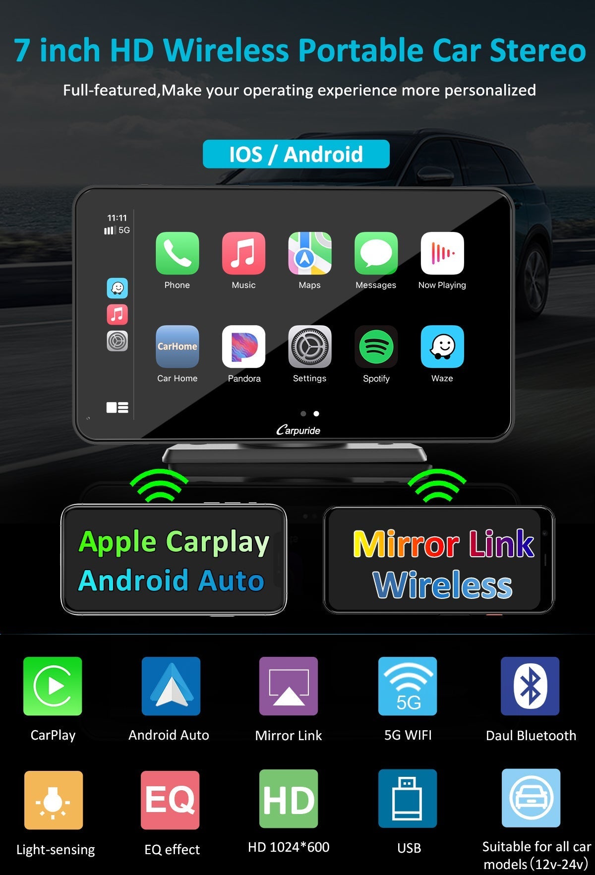 CARPURIDE W701 Pro 7in Smart Car Display with Backup Camera