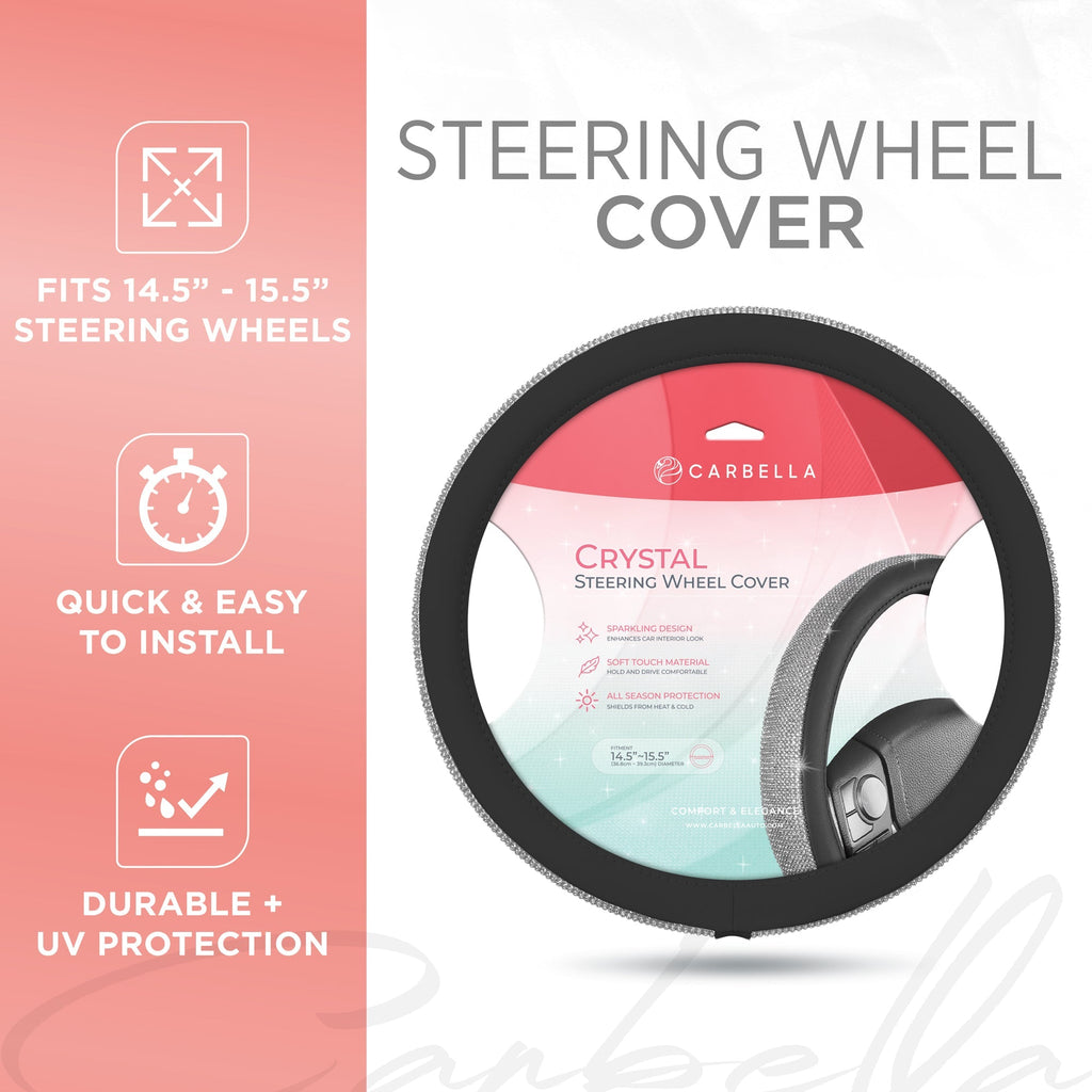 Bling Bling Glitter Diamond Leather Steering Wheel Cover with 9 Rows Crystal Rhinestones, Fits Wheels 14.5 - 15 inch for Women