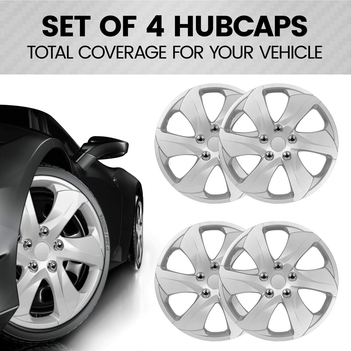 BDK 4-Pack Premium 16" Universal Fit Hubcap Covers for Wheels and Rims (6 spokes) - Replacement, Snap On, OEM Style