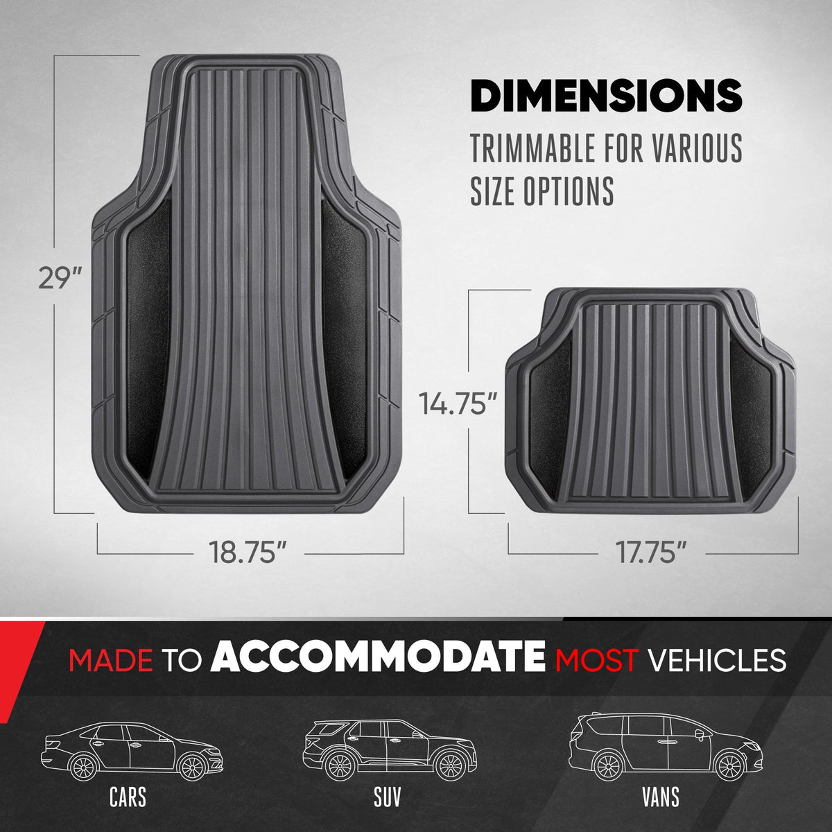 Motor Trend ChromeTech Car Floor Mats Full Set - Durable Rubber Floor Mats for Cars with Two Tone Accent, All Weather Interior Protection for Front and Rear with Non-Slip Backing, Gray/Black