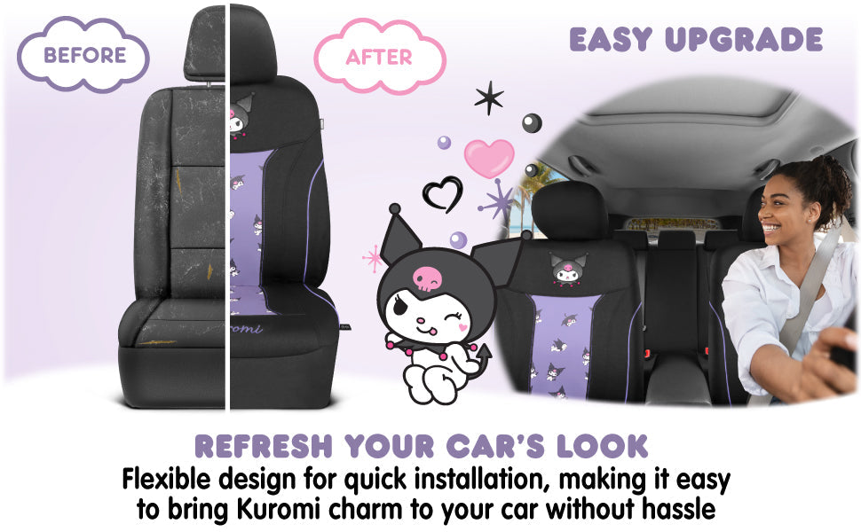 Hello Kitty Kuromi Car Seat Covers - Cute Black and Purple Front Seat Covers with Lavender Accents, Durable and Comfortable Polyester, Car Accessories Hello Kitty Accessories 2pc