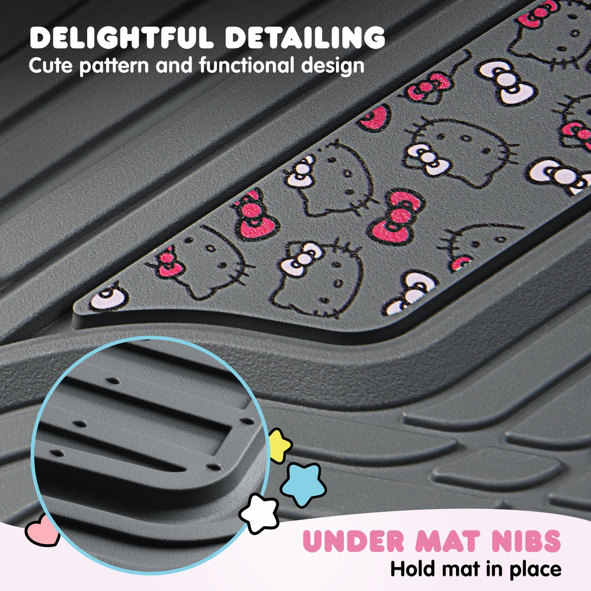 Hello Kitty Car Mats 4pc Floor Mats for Cars Trucks SUVs Kawaii Car Floor Mats for Women Men Accessories Rubber Heavy Duty Cute Non-Slip Always Front Rear Hello Kitty Car Accessories Classic Gray with Pink Bows